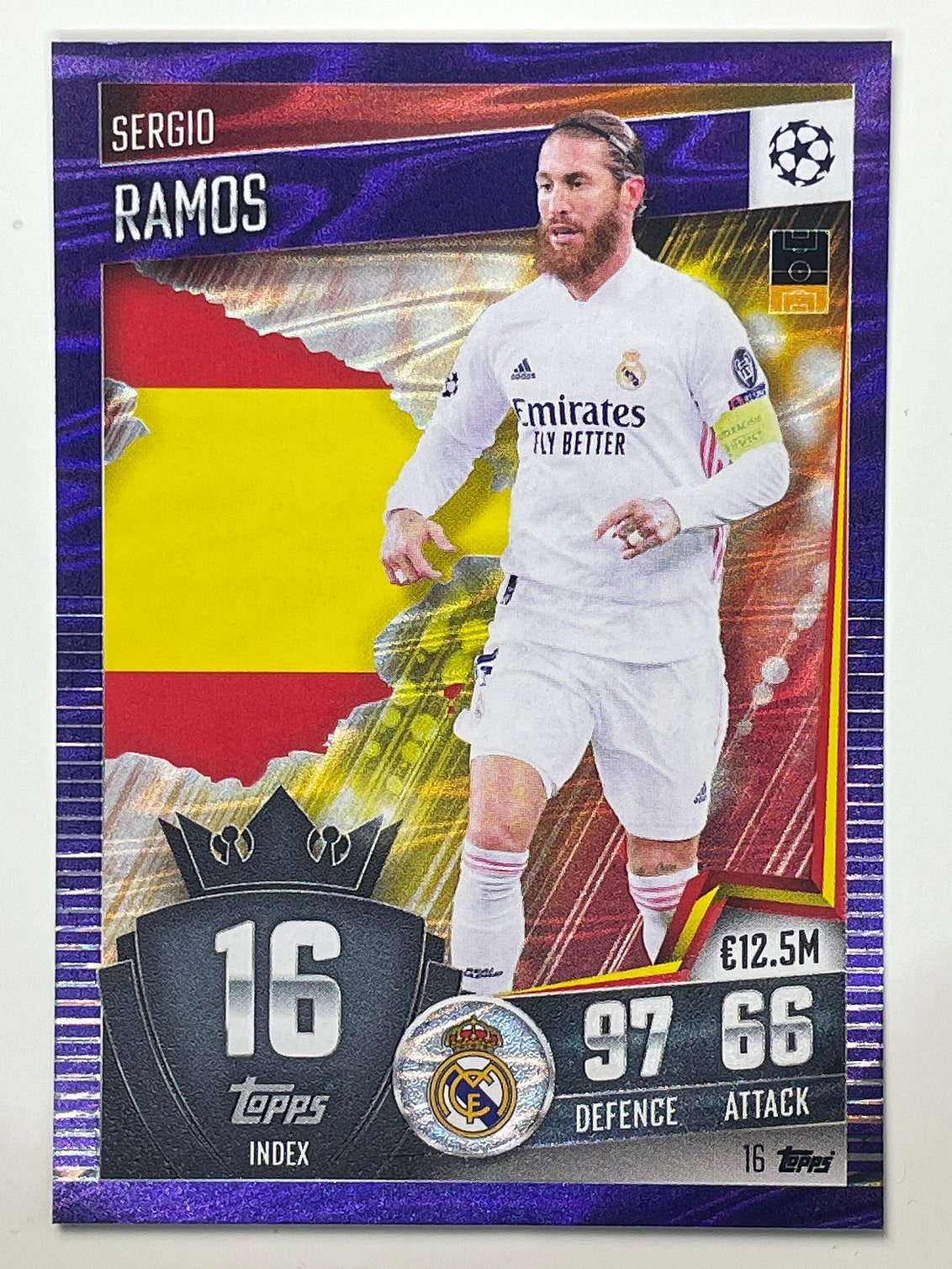 16. Sergio Ramos (Real Madrid CF) Football Card – Purple Parallel Match Attax 101 2021 Card