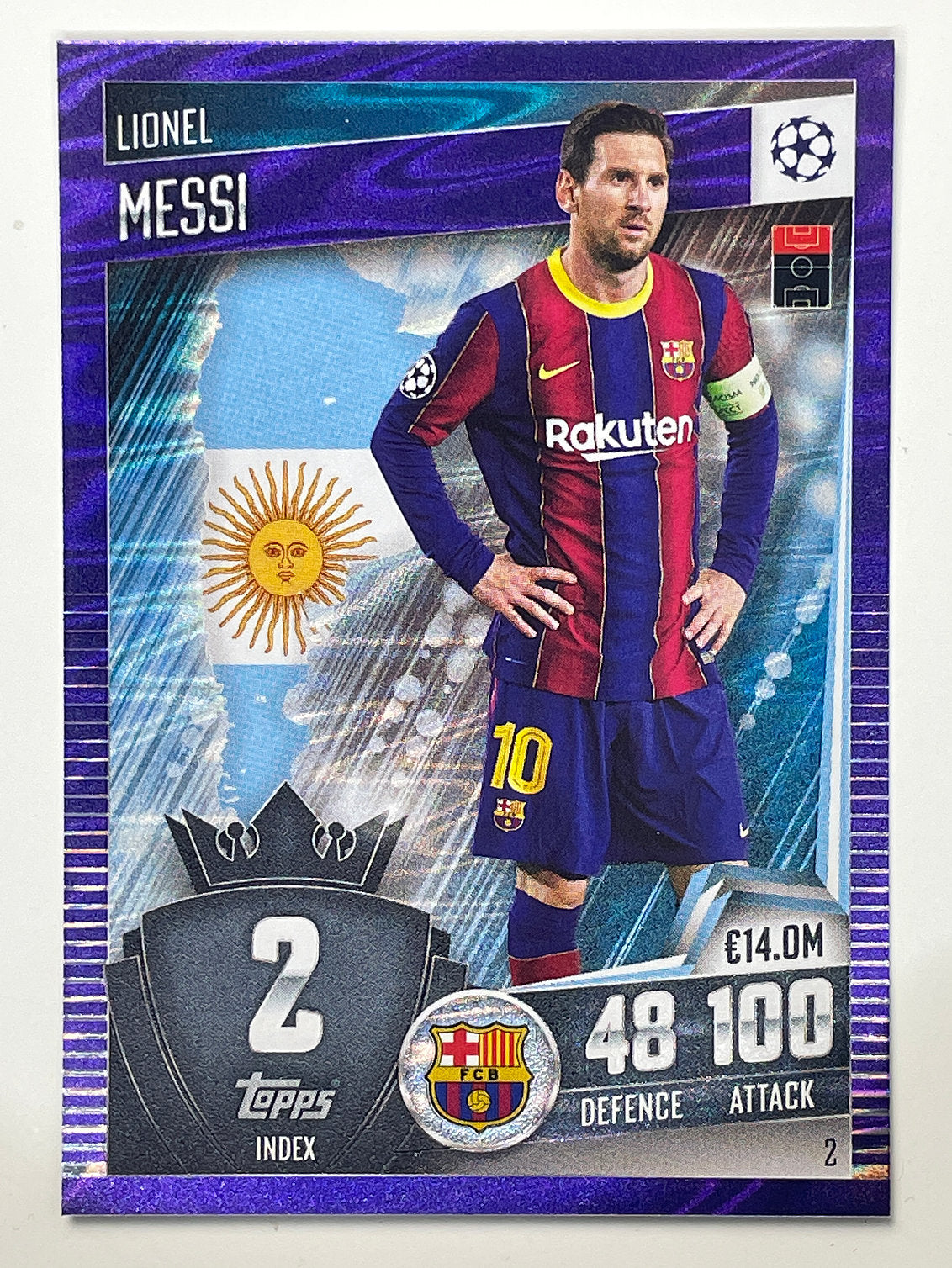 2. Lionel Messi (FC Barcelona) Football Card – Purple Parallel Match Attax 101 2021 Card