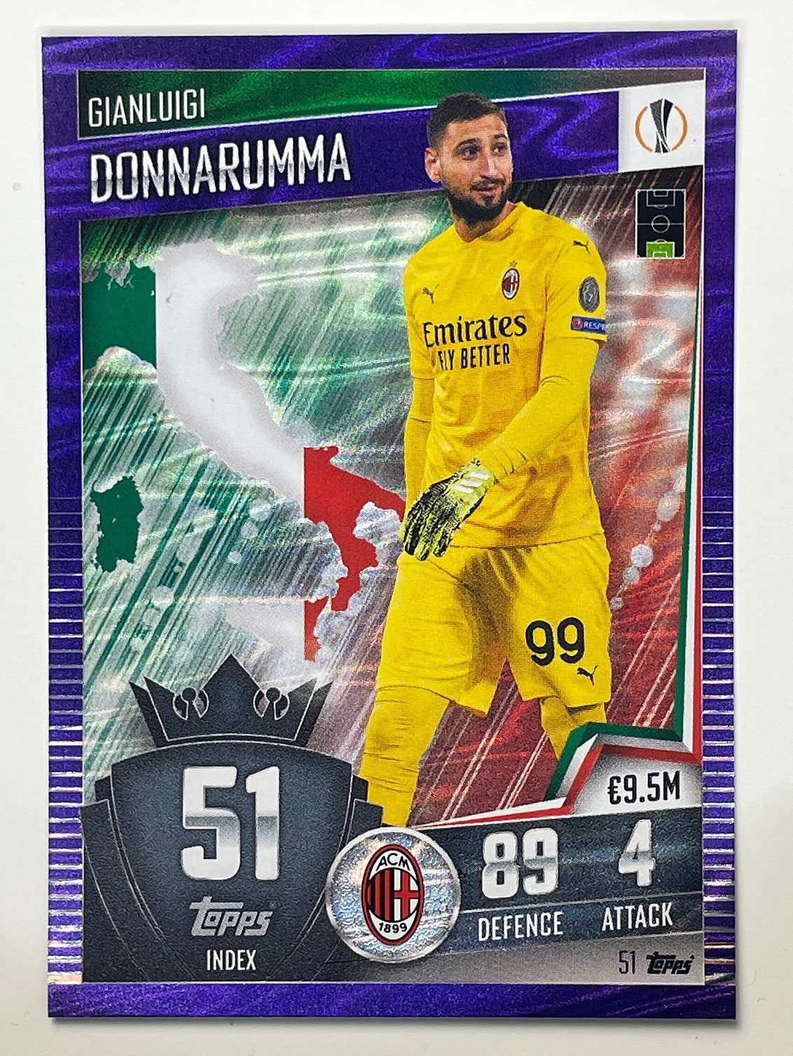 51. Gianluigi Donnarumma (AC Milan) Football Card – Purple Parallel Match Attax 101 2021 Card