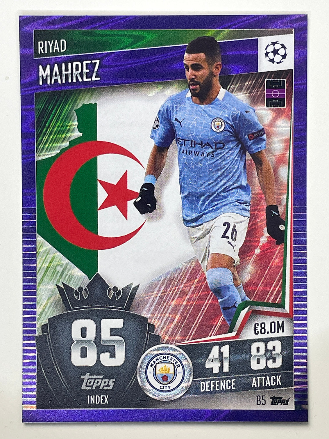 85. Riyad Mahrez (Manchester City) Football Card – Purple Parallel Match Attax 101 2021 Card
