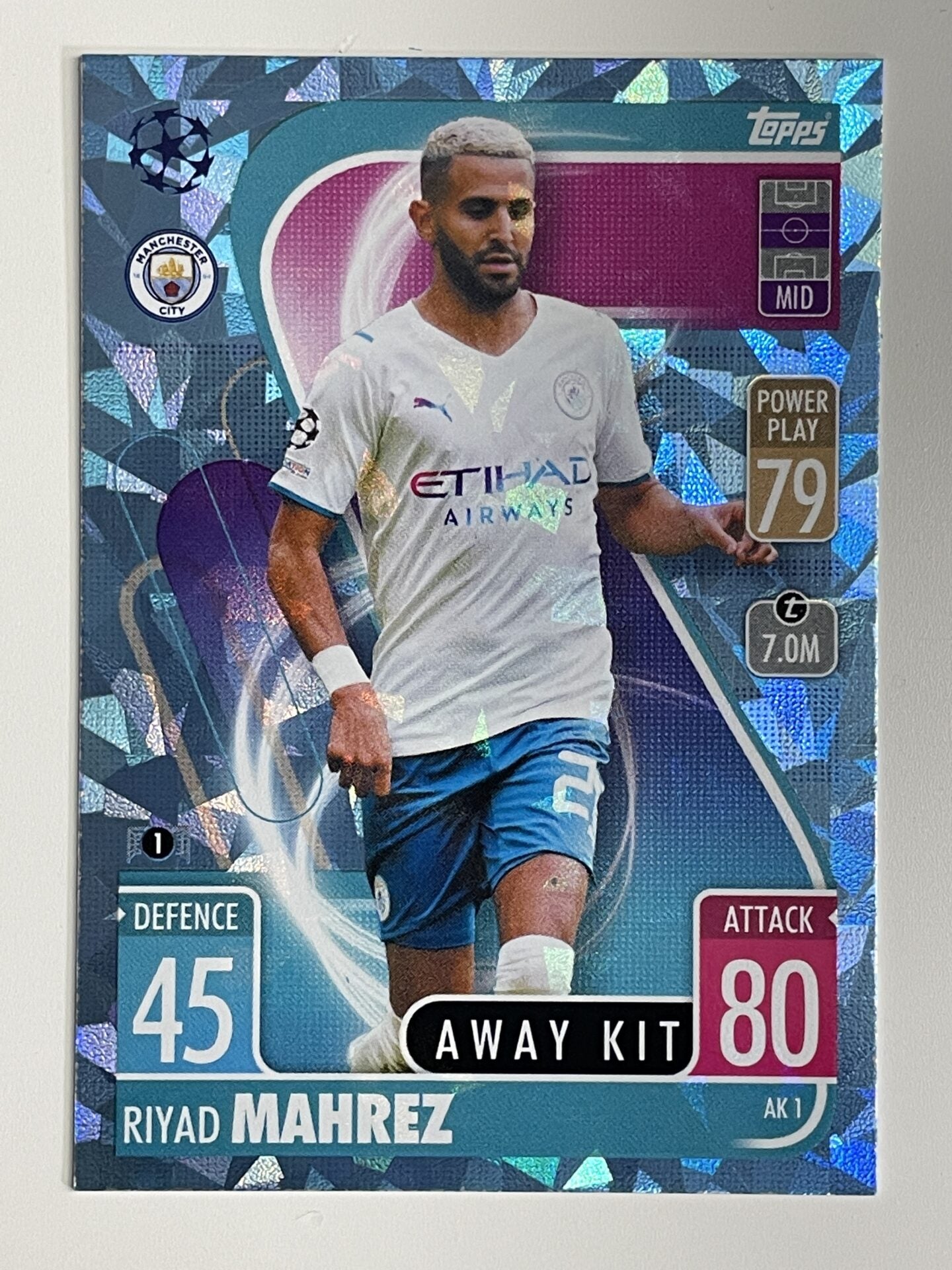 Riyad Mahrez Manchester City Away Kit Crystal Foil Parallel Topps Match Attax Extra 2021:22 Champions League Card