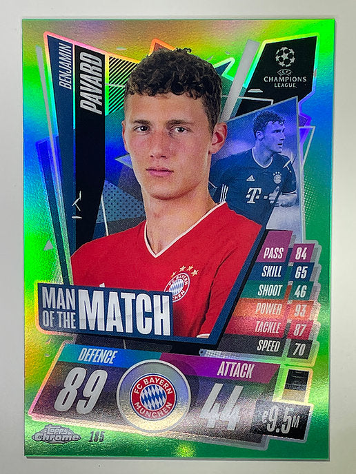 Benjamin Pavard Green Parallel 70:99 Topps Chrome Match Attax card Footbal
