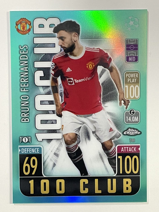 Bruno Fernandes 100 Club Aqua Parallel Topps Match Attax Chrome 2021 2022