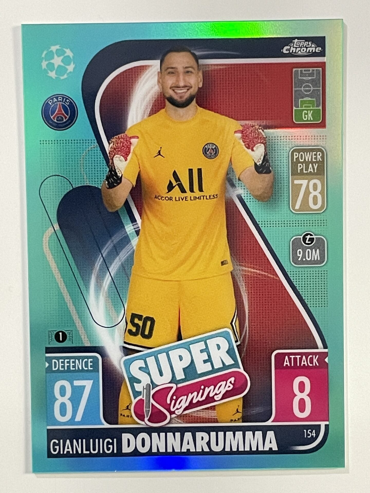 Gianluigi Donnarumma Super Signings Aqua Parallel Topps Match Attax Chrome 2021 2022