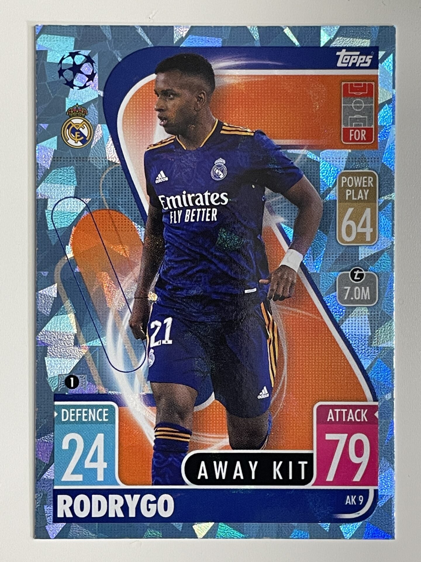 Rodrigo Kit AK9 Rodrygo Real Madrid Away Kit Crystal Foil Parallel Topps Match Att ...