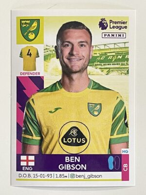 Ben Gibson Norwich City Panini Premier League 2022 Football Sticker
