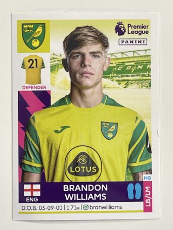 Brandon Williams Norwich City Panini Premier League 2022 Football Sticker